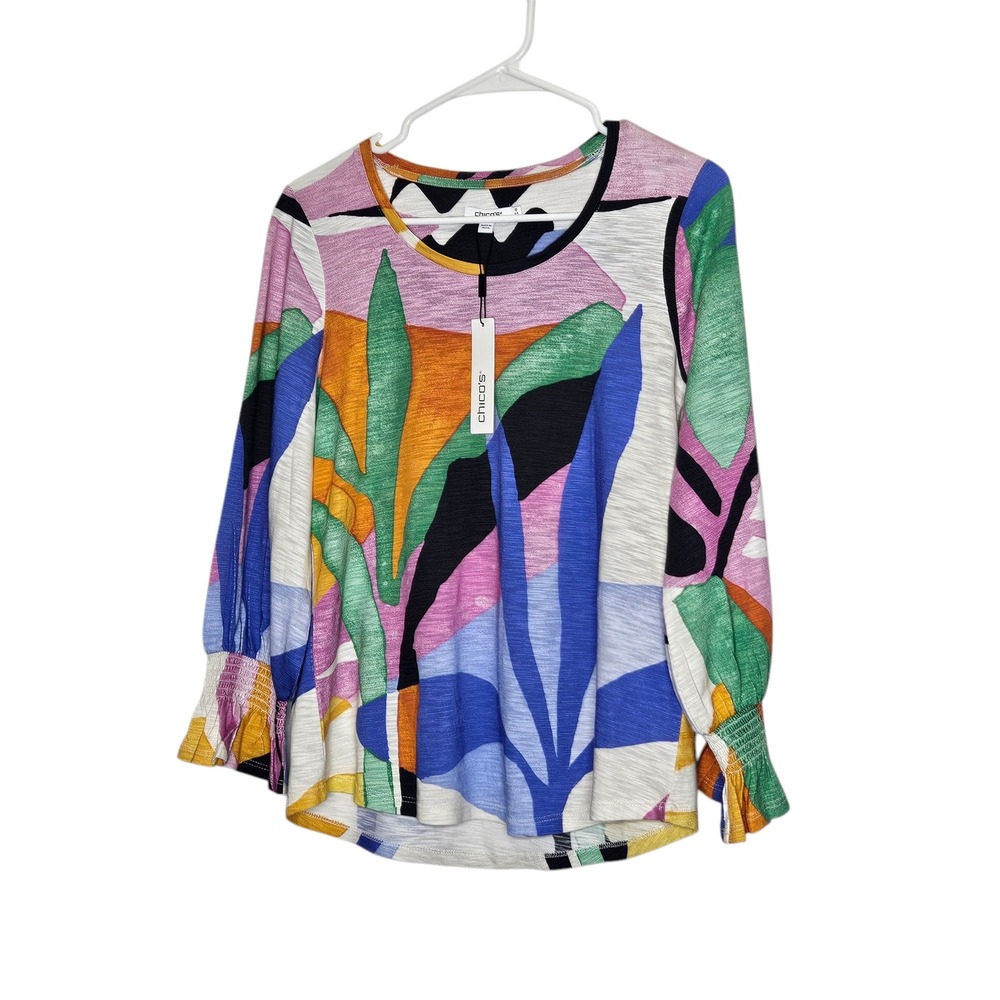 Chico's Abstract Art To Wear Colorful Top Smocked Cuff Long Sleeve Blouse 0 XS